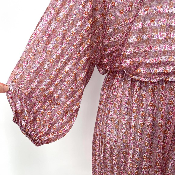 Vintage 80s Dress Womens Small Pink Sheer Striped 3/4 Sleeve Midi Tiny Floral - Picture 7 of 16